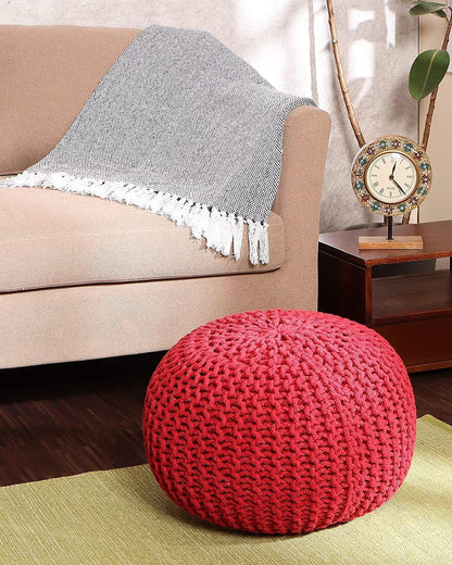 REDEARTH Round Pouf Ottoman - Hand Knitted Cable Boho Poof - Foot Stool Bean Bag - Home Décor Stuffed Footrest for Living Room - Nursery - Bedroom - 100% Cotton Poufs (19.5"x19.5"x14") - Red