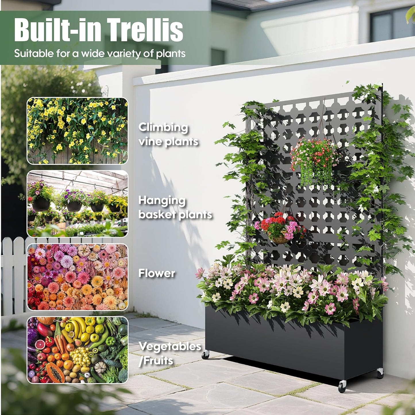 Metal Planter Box with Trellis Privacy Screen, Raised Garden Bed with Dots Trellis & Wheels, Privacy Planters for Patio, Planter Box for Climbing Plants, Flower, 73"x 47"x 16", Black