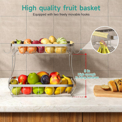 3 Tier Fruit Basket for Kitchen Counter with 2 Mobile Banana Hangers, 2025 Pro Detachable Metal Fruit Bowl with Wooden Handle, Fruit Holder for Bread Snack Veggies, Silvery