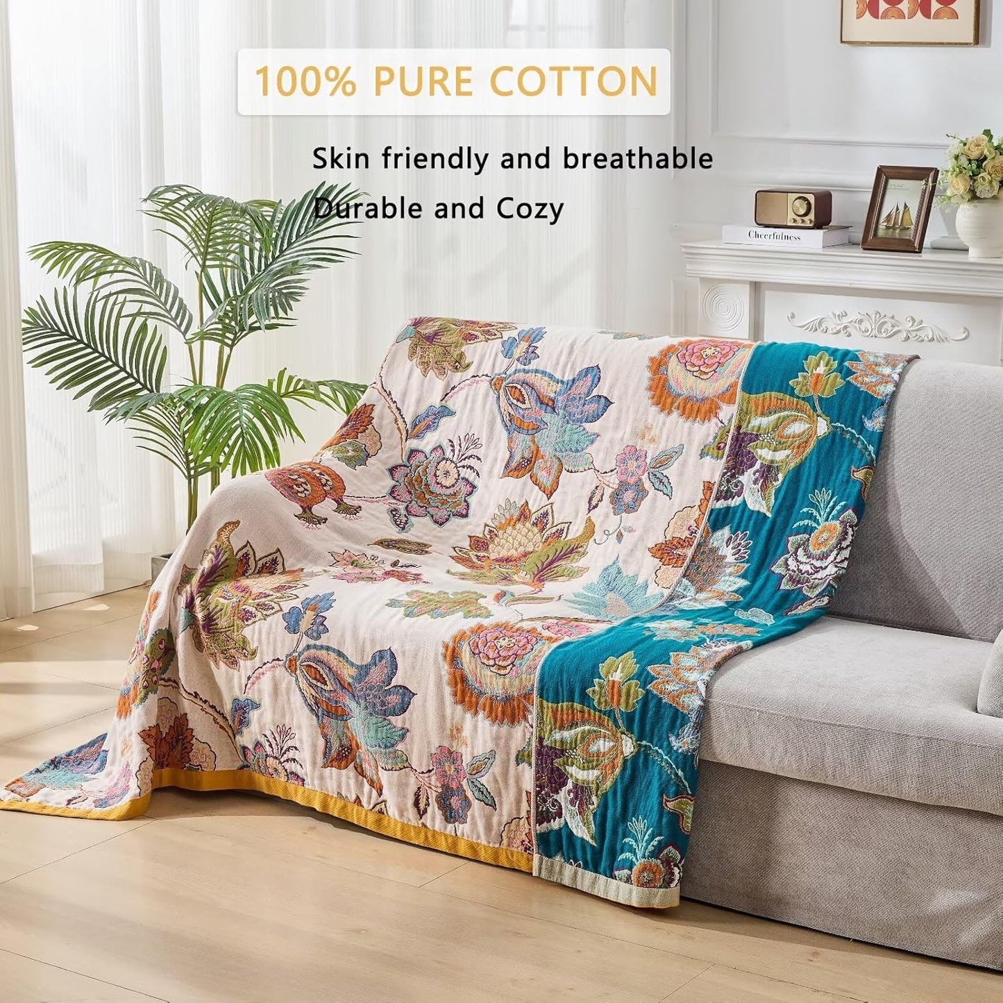 Boho Throw Blanket for Couch,100% Cotton Summer Blanket for Bed, Ultra Soft Rustic Quilt for Bed, Home Decor, Boho Picnic Blankets with Pomegranate for All Seasons 60"x80"