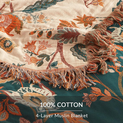 Boho Throw Blanket for Couch Sofa Bed, 100% Cotton Woven Quilt with Tassel 80”x90”, Super Soft Muslin Blanket with Floral Printed, Decorative Reversible Bed Blanket/Cover for All Seasons