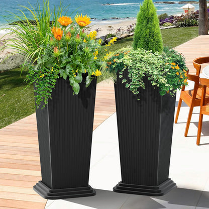 FENCY Set of 2 Tall Planters for Outdoor Plants, 24 Inch Large Tapered Pots with Drainage Trays, Weather-Resistant Plastic Plant Containers for Patio, Porch, Garden, Front Door Decor,Black,Striped