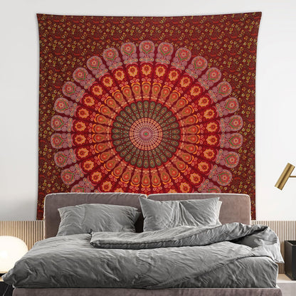Bless International Handmade Indian hippie Bohemian Psychedelic Peacock Mandala Wall hanging College Dorm Beach Throws Table Cloth Bedding Tapestry (Maroon Yellow, Queen(84x90Inches)(215x230Cms))
