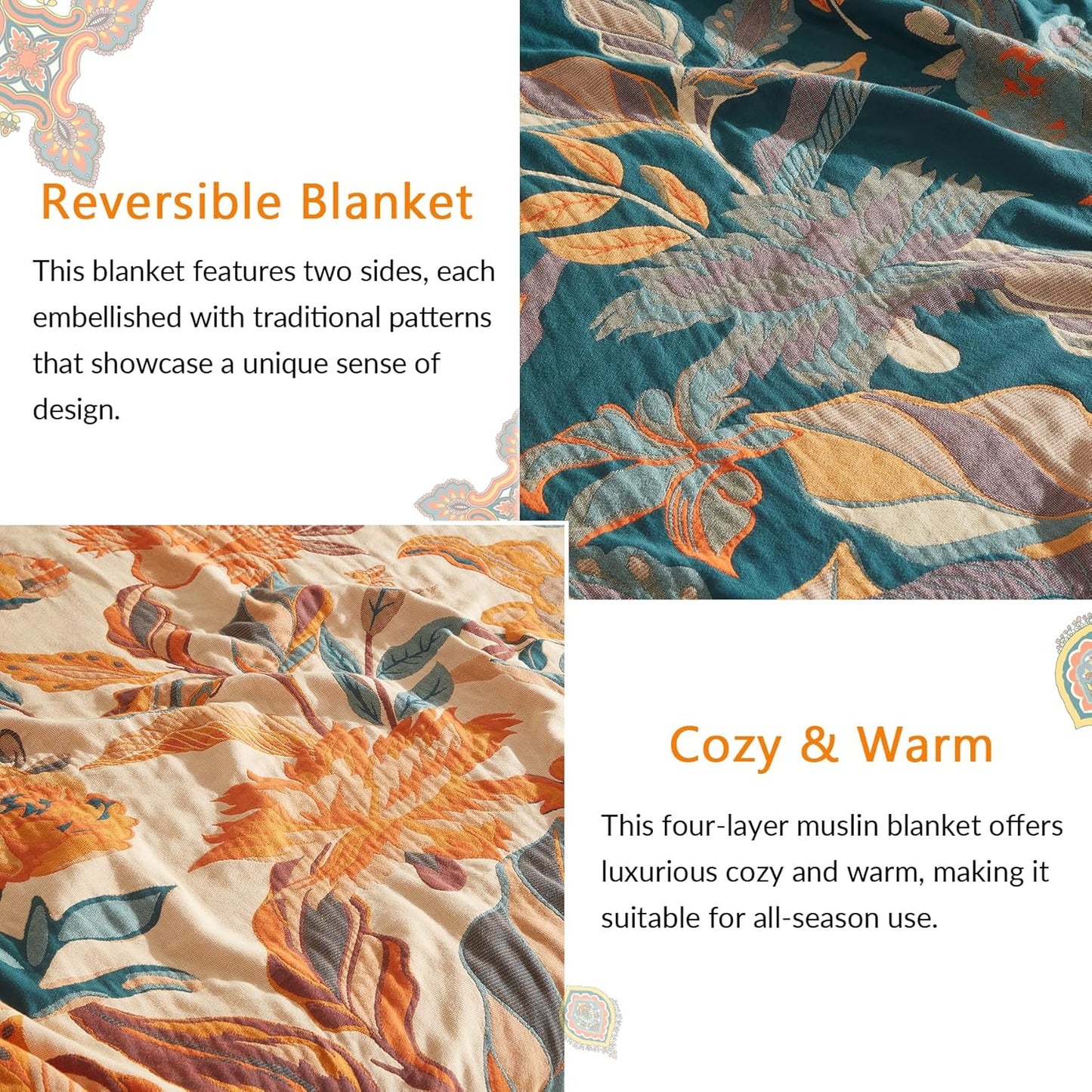 Boho Throw Blanket for Couch Sofa Bed, 100% Cotton Woven Quilt with Tassel 90”x98”, Super Soft Muslin Blanket with Floral Printed, Decorative Reversible Bed Blanket/Cover for All Seasons