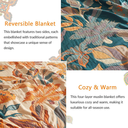 Boho Throw Blanket for Couch Sofa Bed, 100% Cotton Woven Quilt with Tassel 60”x80”, Super Soft Muslin Blanket with Floral Printed, Decorative Reversible Bed Blanket/Cover for All Seasons