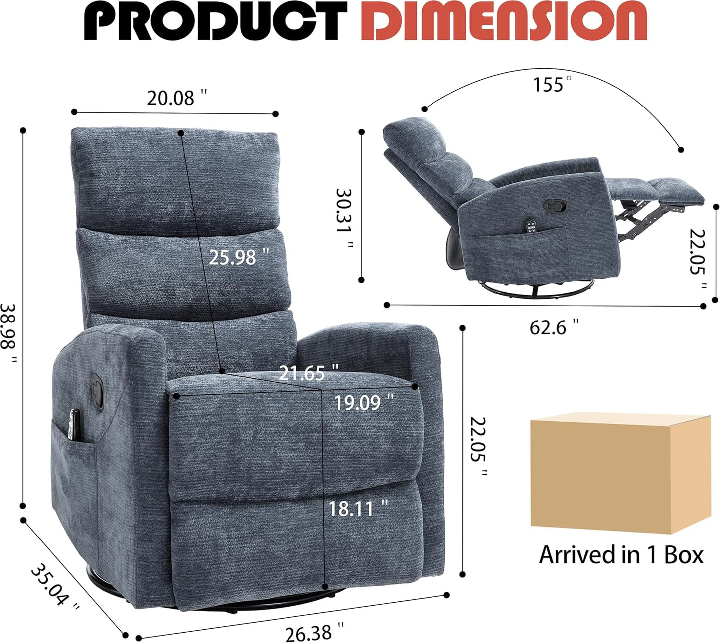 Manual Swivel Rocker Recliner Chair for Adults, Overstuffed Reclining Glider Chair for Nursing with Vibration Massage & Heat, Living Room Rocking Recliner 3-Stage backrest, Chenille Fabric Blue