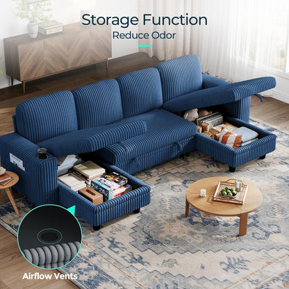 LINSY HOME Sectional Sleeper Sofa with Pull Out Couch Bed - Convertible Plush Corduroy Cloud Couch with Storage Chaise & USB Charging, Comfy U Shaped Modular Couches for Living Room, Blue