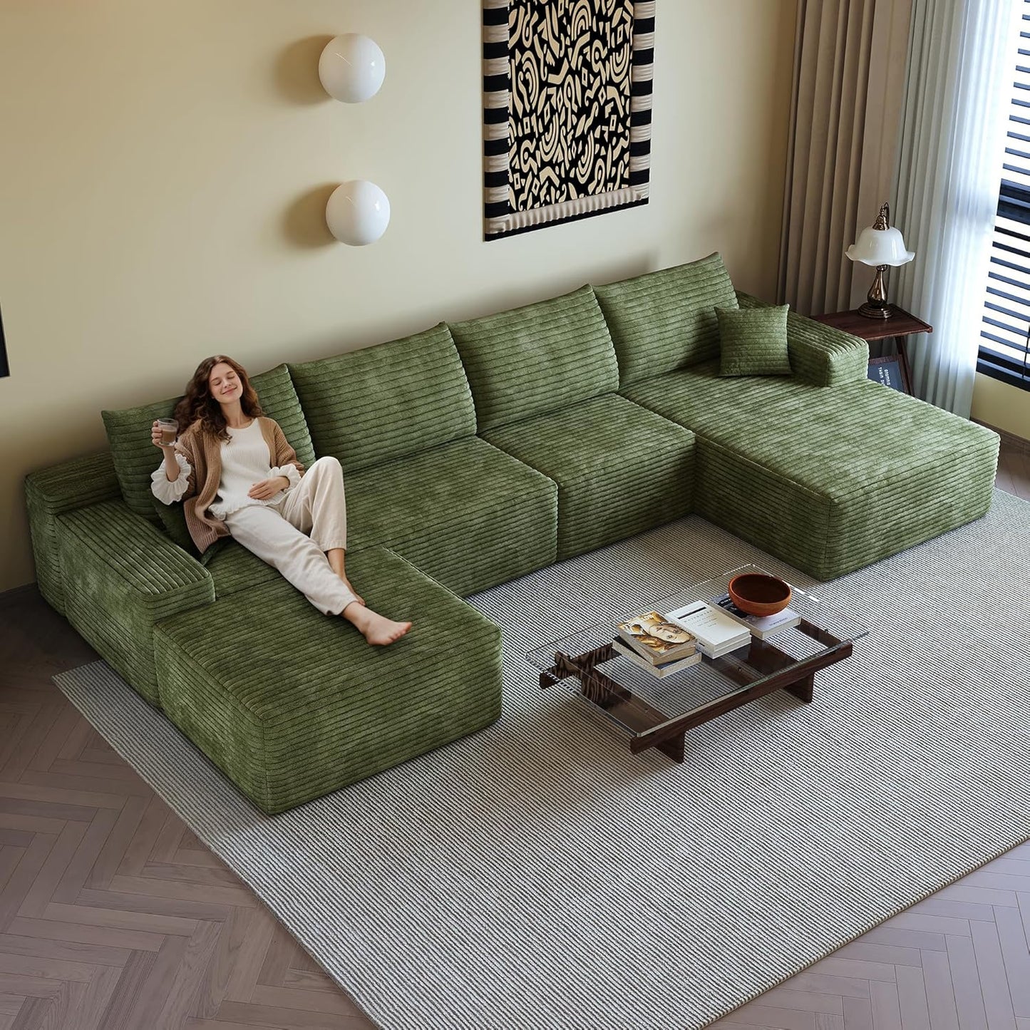 108" Sectional Couches for Living Room Modern Modular Sofa with L-Shape Couchs Upholstered Boneless Couch Deep Seat Sectional Couch with Chaise (Green, Right Facing Chaise+3Seaters+Ottoman)