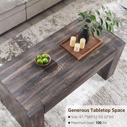 OKD 48" Modern Farmhouse Coffee Table, Wooden Living Room Table with Hidden Storage Drawer, Rustic Rectangular Center Tables w/Wood Thick Design for Living Room, Office, Dark Rustic Oak