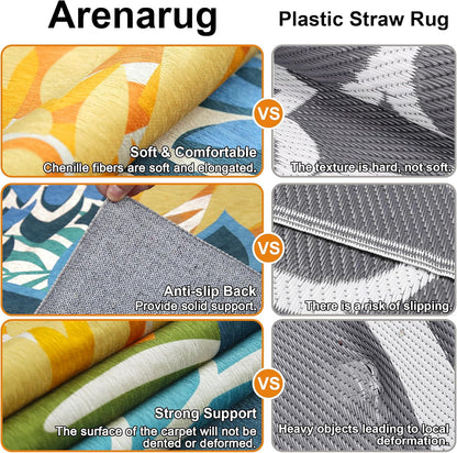 Indoor Outdoor Area Rug Washable Multicolored Patio Rug Tropical Botanical Modern Floral Indoor Outdoor Carpet Non Slip Yellow Green Rug Non Shedding for Patio, Deck, Backyard, Porch (9x12)