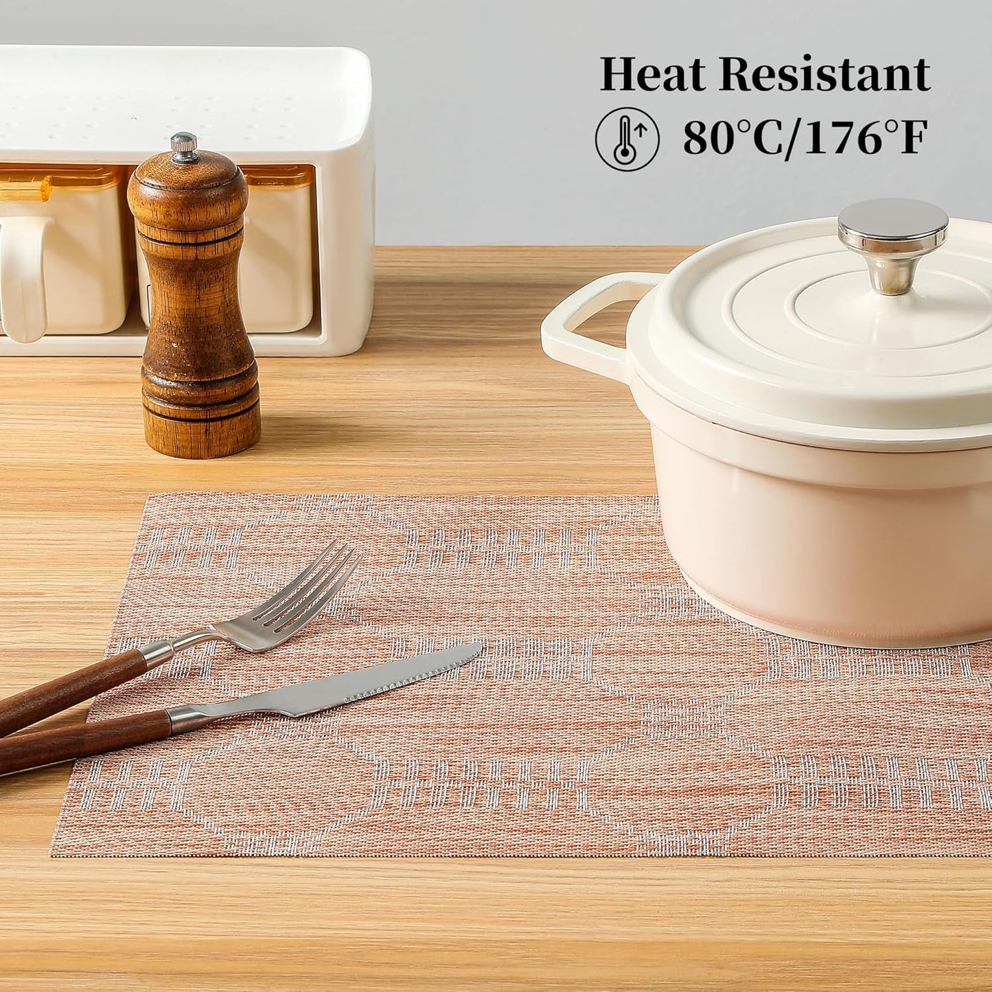 Leetaltree Coral Placemats Set of 12 - Heat Resistant Non-Slip Place mats for Dining Table, Washable Durable PVC Vinyl Woven Table Mats（Coral, 12）