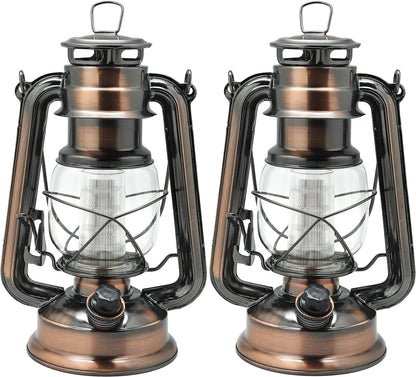 YAKii LED Vintage Lantern Metal Hanging Hurricane 12 LED Dimmer Switch Cold White Battery Operated Power Outage Indoor Camping Lighting Outdoor Brooklyn (Copper 2 Pack)