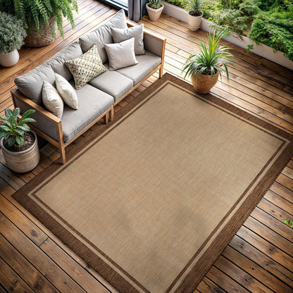 CAMILSON Outdoor Rug 5x7 Bordered Natural Brown Modern Area Rugs for Indoor and Outdoor Patios, Kitchen and Hallway Mats, Washable Porch Deck Outside Carpet (Border Jute, 5 x 7)