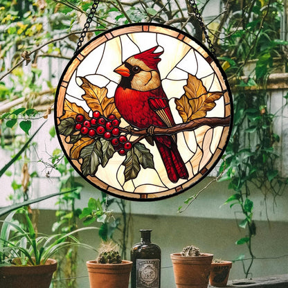 Stained Glass Window Hanging, Birds on a Branch Cardinal Sun Catchers Diamond Glass Panel Hangings Suncatcher Decor for Birthday for Women, Men, Wife, Aunt, and Mom 14.9x14.9 in