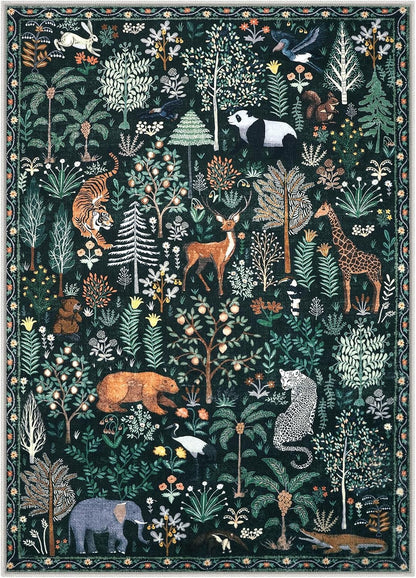 OJIA Jungle Print 9x12 Area Rugs for Living Room, Green Soft Bedroom Rug Washable Rugs 9x12, Modern Dining Room Rug Stain Resistant Ultra-Thin Floor Carpet for Playroom Kids Room Nursery