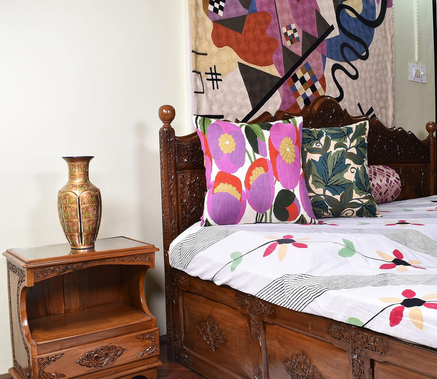 Lily Pink Flower Pillow Cover | Suzani Accent Pillow | Outdoor Floral Pillows | Hand Embroidered Wool Cushion - 18x18