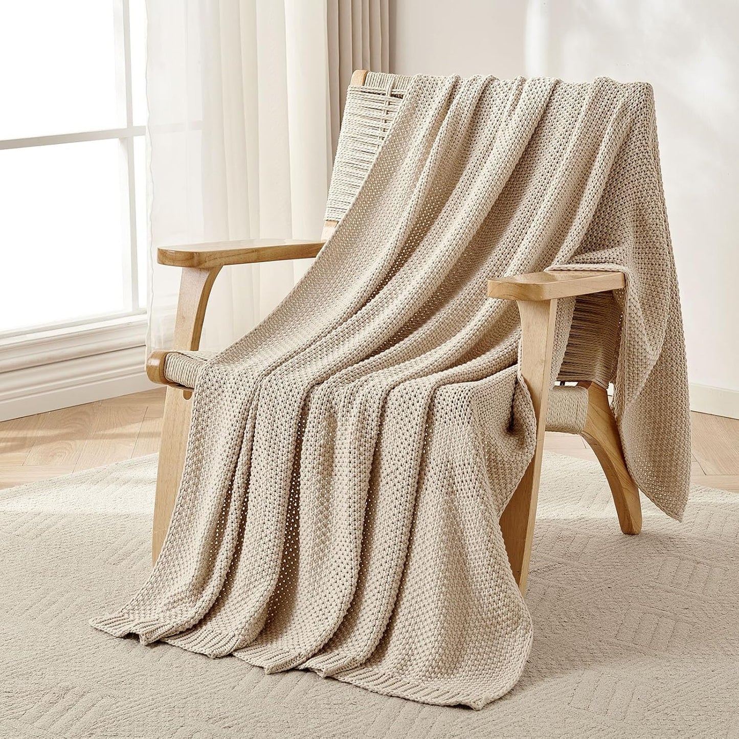 Joydeco Chunky Cable Knit Throw Blanket, Lightweight 100% Organic Cotton Soft Cozy Throw Twin Blanket for Couch Bed and Sofa, Rustic Breathable Farmhouse Blanket Gift for Women Men(Beige, 60"x80")