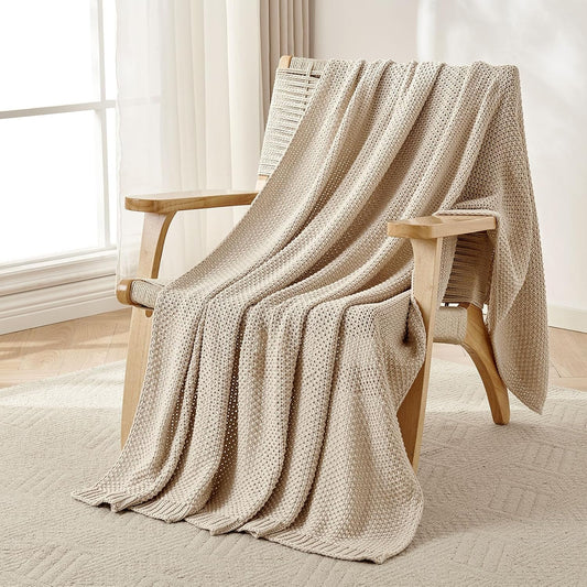 Joydeco Chunky Cable Knit Throw Blanket, Lightweight 100% Organic Cotton Soft Cozy Throw Twin Blanket for Couch Bed and Sofa, Rustic Breathable Farmhouse Blanket Gift for Women Men(Beige, 51"x63")