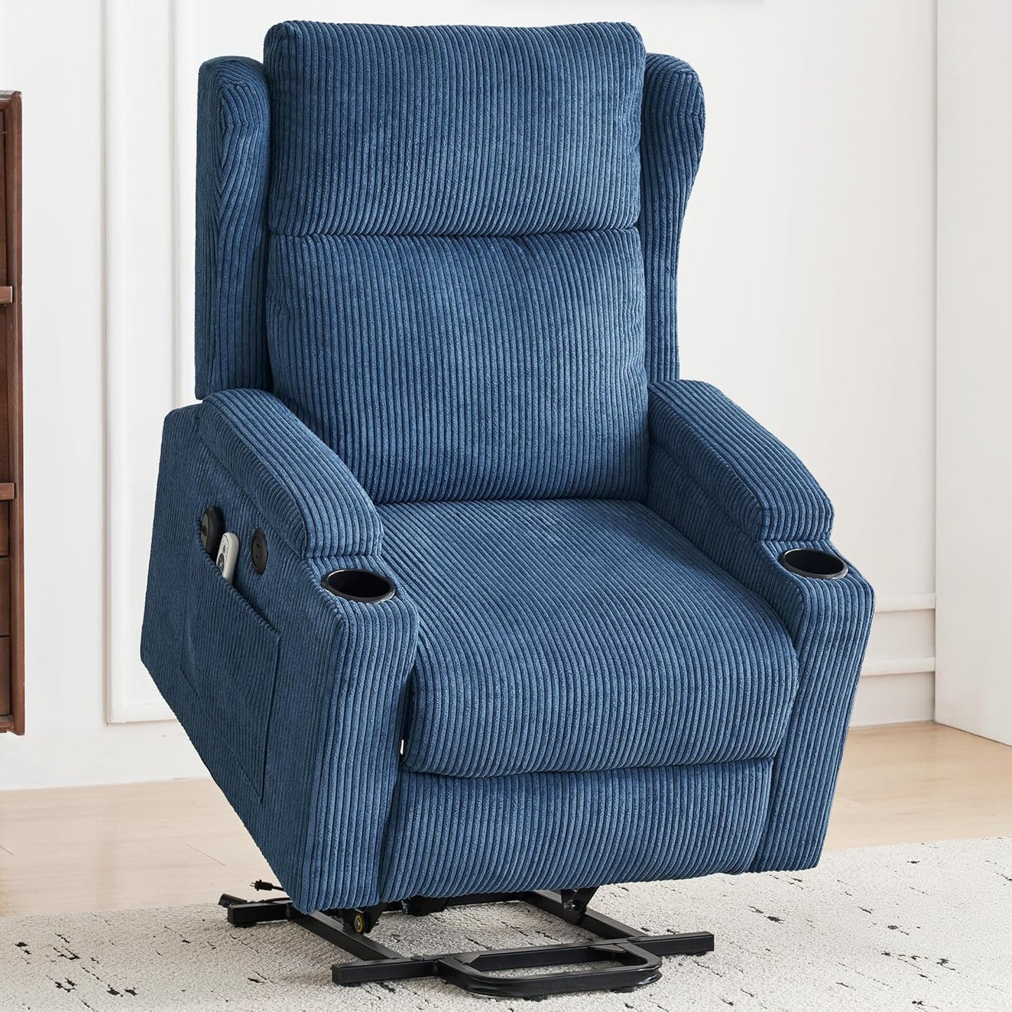 Lift Recliner Chair for Adults with Massage and Heating, Power Lift Recliner Chairs for Elderly, Corduroy Fabric Reclining Chair with USB &Type-C Port, Cup Holders, L6111 (Blue)