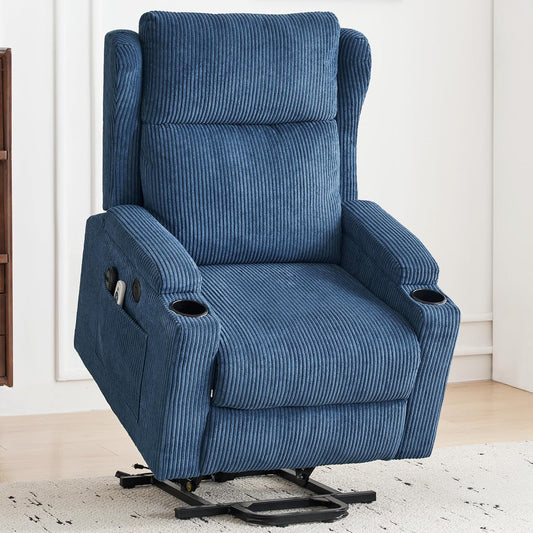 Lift Recliner Chair for Adults with Massage and Heating, Power Lift Recliner Chairs for Elderly, Corduroy Fabric Reclining Chair with USB &Type-C Port, Cup Holders, L6111 (Blue)