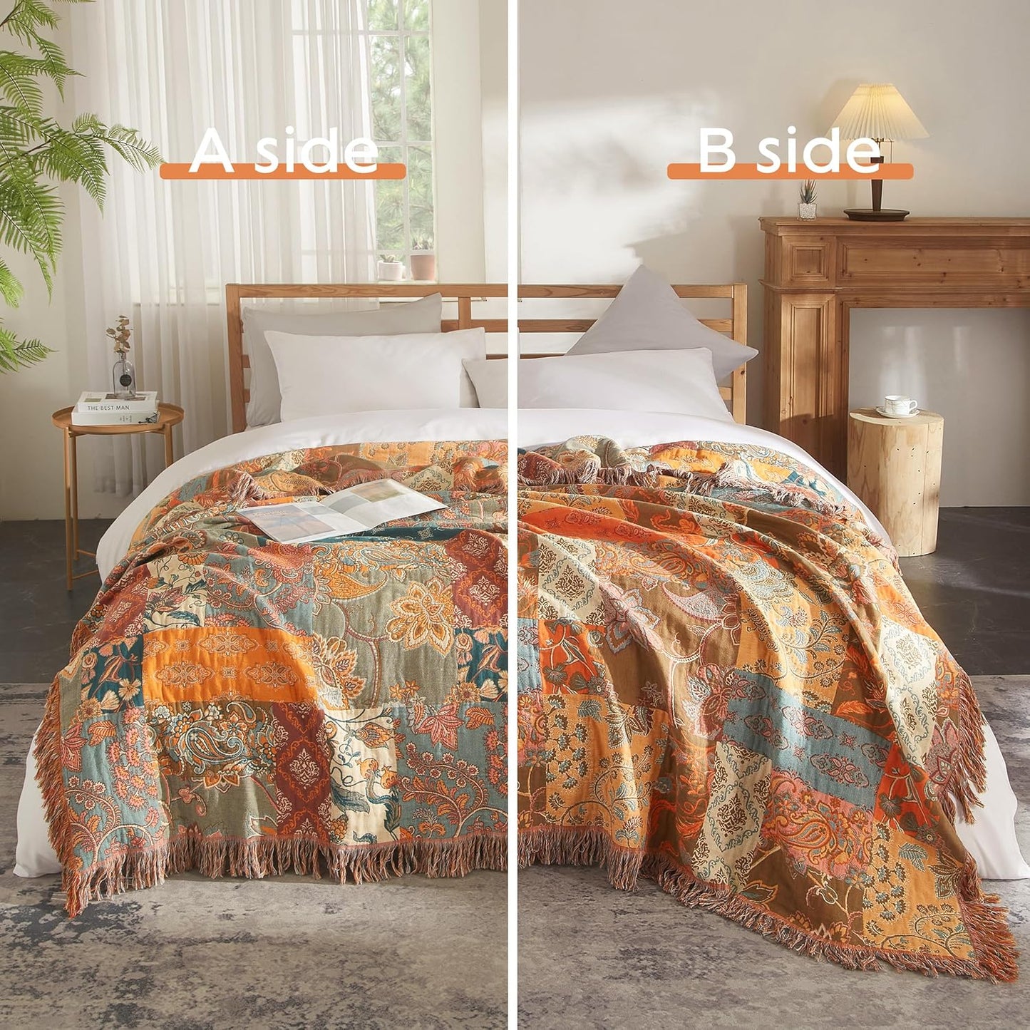 Boho Throw Blanket for Bed 80”x90”, 100% Cotton Woven Blanket for Couch Sofa, Ultra Soft 4-Layer Muslin Quilt with Patchwork Floral Printed, Farmhouse Bed Blanket/Cover for Living Room Decor