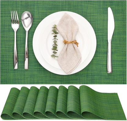 Myir JUN Placemats Set of 8, Vinyl Woven Placemats Place Mats Indoor Set of 8 Washable Table Mats Non-Slip Place mats for Dining Table (Dark Green, Set of 8)