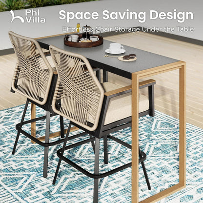 PHI VILLA Outdoor Bar Table for 2-4 Person - 55" W x 40" H Bar Height Patio Bistro Table with Stone Texture Top & Adjustable Non-Scratch Feet for Garden, Backyard, Poolside, Balcony, Patio Dining