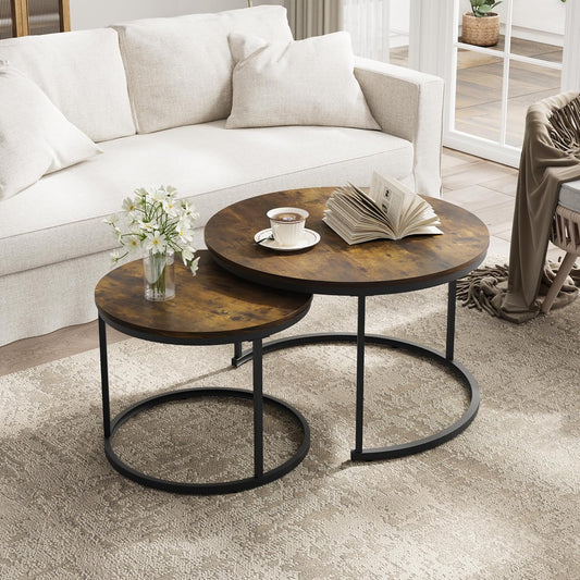 Smuxee Rustic Nesting Coffee Table Set of 2, 27.6" Round Coffee Table Wooden Marble Pattern with