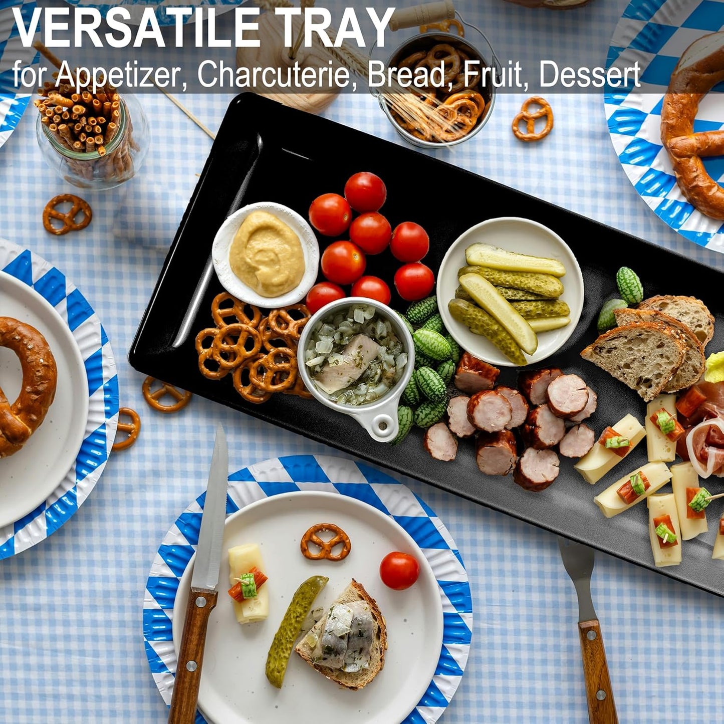 Long Melemine Serving Tray, 17.3x8x1.5 in Serving Platters and Trays for Appetizer, Charcuterie, Bread, Fruit, Dessert, Set of 2, Black