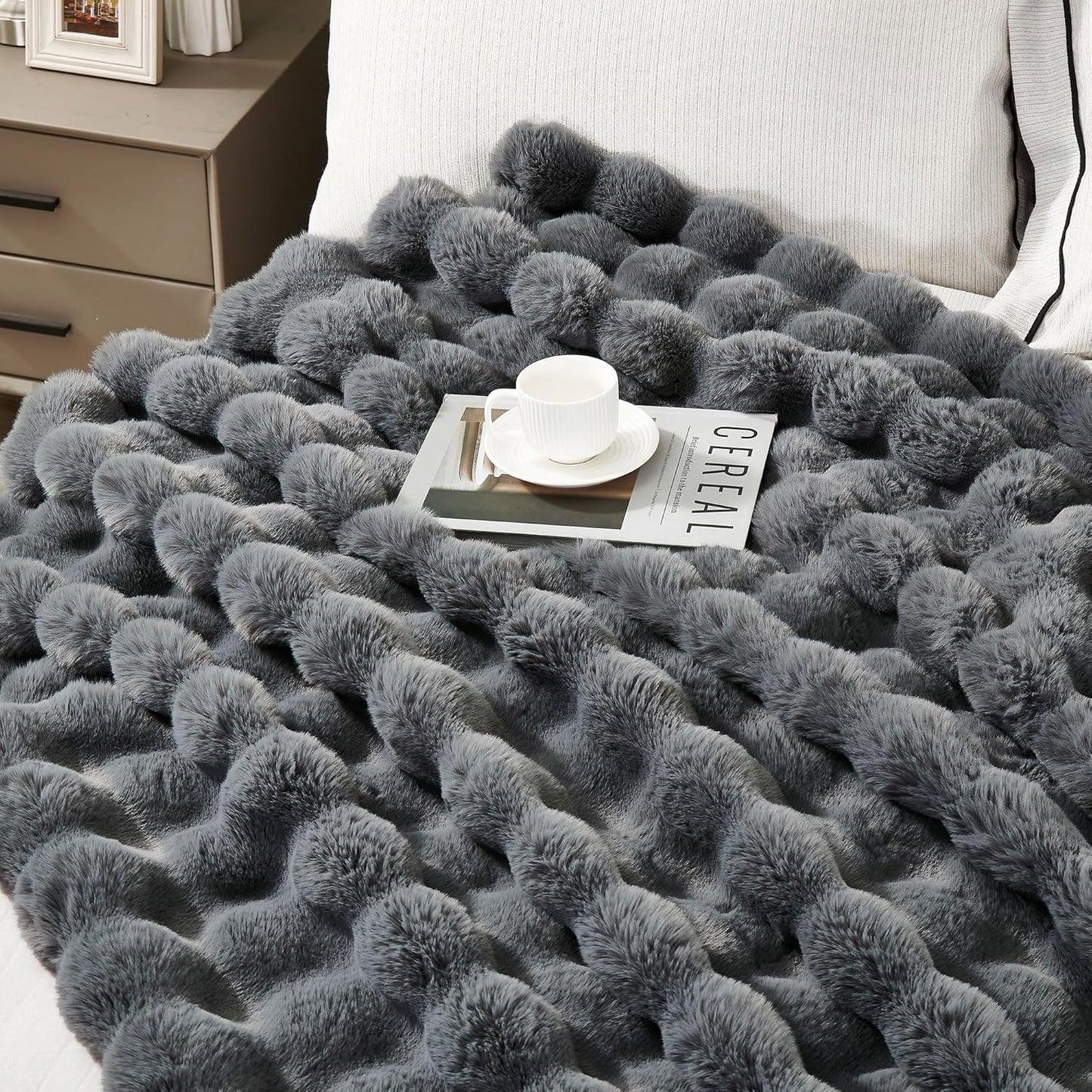 DREAMNINE Soft Fuzzy Bubble Faux Rabbit Fur Throw Blanket for Couch 50" x 60", Double Sided Long Shaggy Thick Warm Fluffy Blankets for Winter, Decorative Luxury Gray Cozy Plush Cute Furry Blanket,Grey