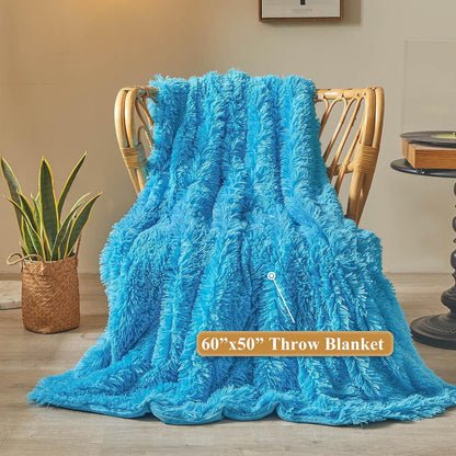 XeGe Luxury Faux Fur Throw, Blue Soft 50x60 Fluffy Blanket, Shaggy Plush Decorative Couch Cute Furry Bed Throw Fuzzy Office Lap Blanket for Bedroom Living Room Sofa Chair, Blue