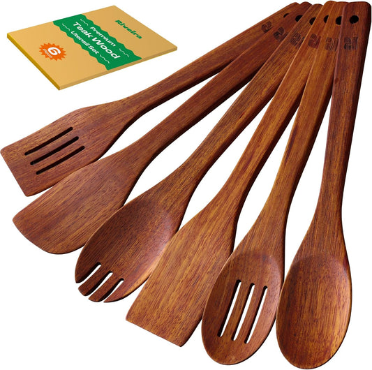 Riveira Teak Wooden Spoons for Cooking Set of 6 – Natural Teak Wooden Cooking Utensils, Wooden