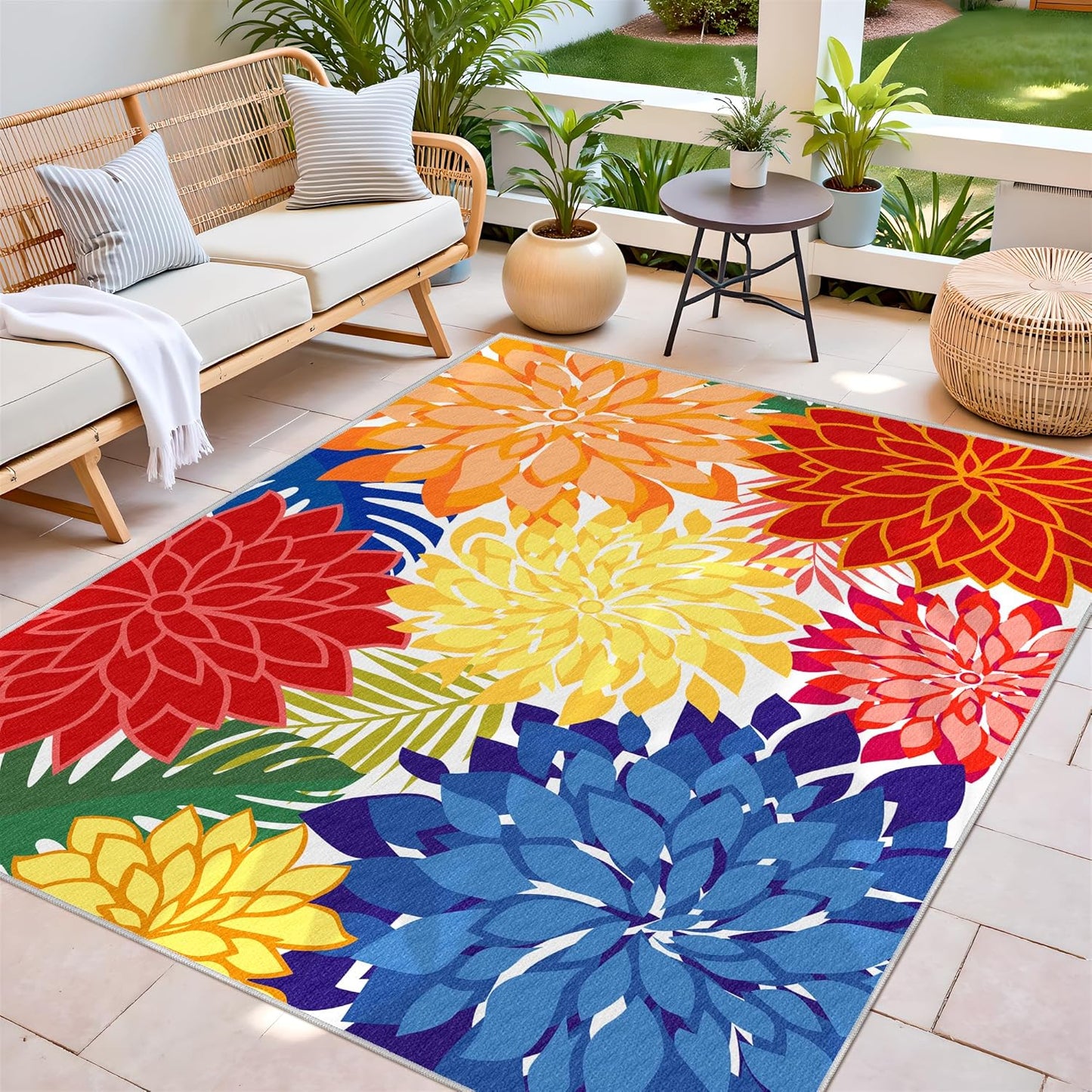 Indoor Outdoor Area Rug Washable Rugs Multicolored Patio Rug Tropical Botanical Modern Floral Indoor Outdoor Carpet Non-Slip for RV, Pool Deck, Backyard, Porch (9x12)