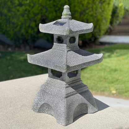 Galt International 2 Tier Pagoda Garden Statue LED Solar Powered Light 26" Tall Outdoor Zen Garden Lantern Landscape Lawn Asian Pagoda Stupa Decor Grey Resin