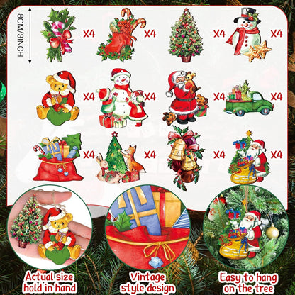 Victorian Style Wood Ornaments - 48 Pcs Christmas Decorations Hanging Santa Claus Snowman Retro Wooden Ornament