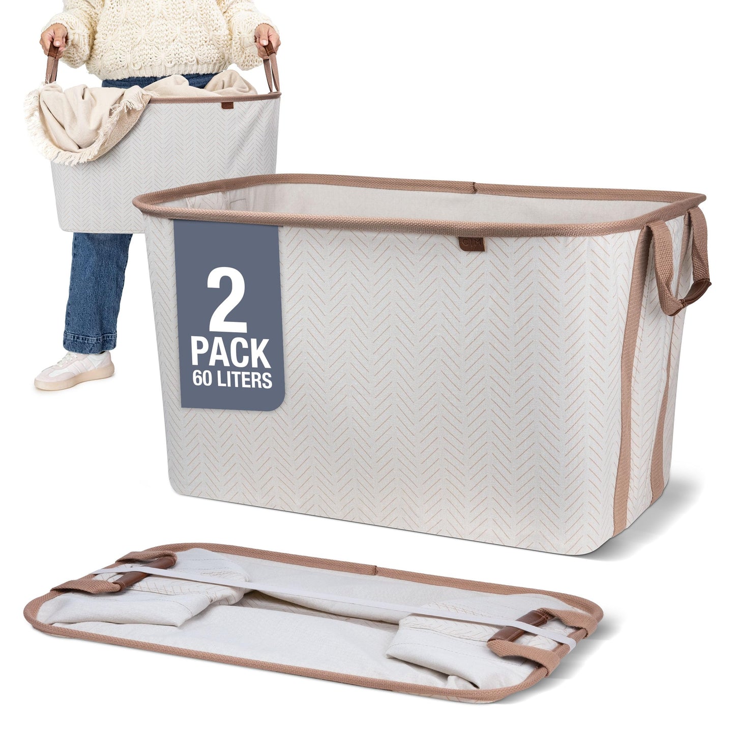 Collapsible Fabric Laundry Basket Premium, Cream Herringbone, 2 Pack