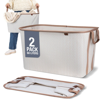 Collapsible Fabric Laundry Basket Premium, Cream Herringbone, 2 Pack
