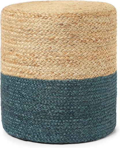 REDEARTH · Cylindrical Pouf Foot Stool Ottoman - Jute Braided Pouffe Poof Accent Sitting Footrest for Living Room, Bedroom, Nursery, Patio, Lounge (Natural Teal, 14.5"x14.5"x16")