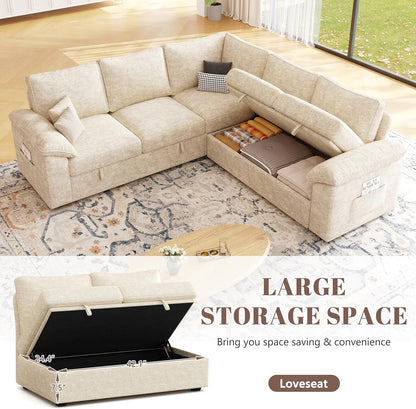 85 Inch Sectional Sleeper Sofa with Pull Out Bed,L Shaped 5 Seat Modular Sectional Sofa with Storage,Sectional Couches for Living Room,Cloud Modular Couch,Removable Sofa Cover,Beige