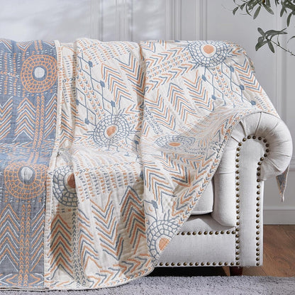 jinchan Boho 100% Cotton Muslin Queen Size 80x90 Throw Blanket Lightweight 4-Layer Orange Reversible Blanket Washable Breathable Geometric Striped Pattern Soft Comfy for Couch Bed Decor All Seasons