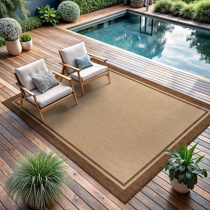CAMILSON Outdoor Rug 8x10 Bordered Natural Brown Modern Area Rugs for Indoor and Outdoor Patios, Kitchen and Hallway Mats, Washable Porch Deck Outside Carpet (Border Jute, 8 x 10)