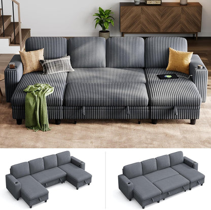 LINSY HOME Sectional Sleeper Sofa with Pull Out Couch Bed - Convertible Plush Corduroy Cloud Couch with Storage Chaise & USB Charging, Comfy U Shaped Modular Couches for Living Room, Grey