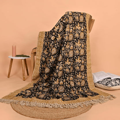 Bohemian Floral Cotton Throw Blanket with Tassels | 48x70 Inch Handblock Printed Sofa Throw | Black & Gold Decorative Bed Cover | Lightweight Couch Throw for Living Room & Bedroom
