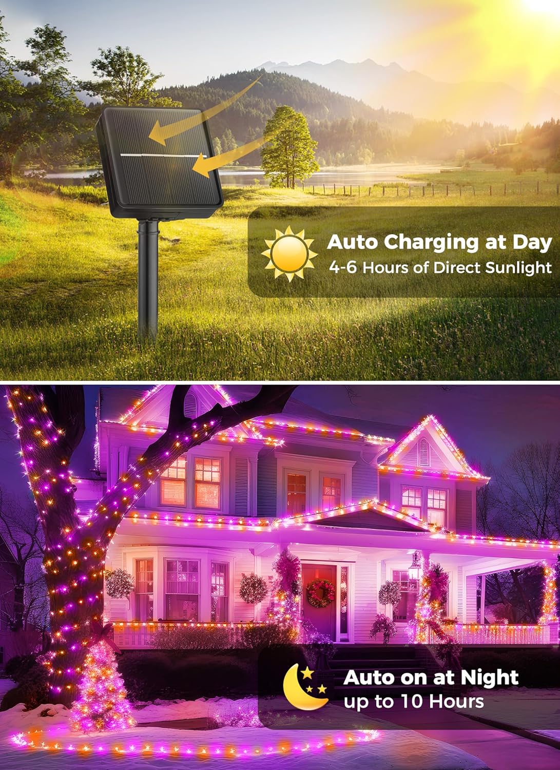 Brightown 2-Pack 400LED 170FT Total Halloween Solar Outdoor Lights IP65 Waterproof Solar Powered Lights with 8 Lighting Modes for Party Garden Yard Home Holiday Tree Decoration Lighting,Orange&Purple