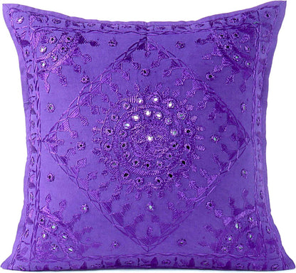 Eyes of India Embroidered Decorative Boho Throw Pillow Cover with Mirrors, Handmade Bohemian Accent Cushion Case for Sofa Couch Bedroom Living Room (Purple, 16" x 16")