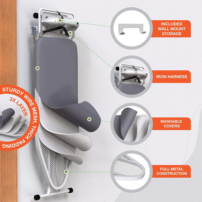 Xabitat Full Size Ironing Board 57" X 15" with Wall Mount Hanger, Full Metal Construction Iron Board, Built in Iron Caddy, Heat & Scorch Resistant Fabric, Cord Holder, Anti-Skid Feet, Heavy Duty