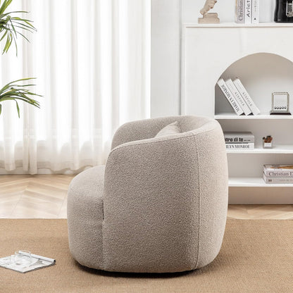 KINWELL 34" Wide Boucle Swivel Barrel Chair, No Assembly Round Upholstered Armchair Accent Chair Single Sofa Chair with Toss Pillow for Living Room and Bedroom, Taupe