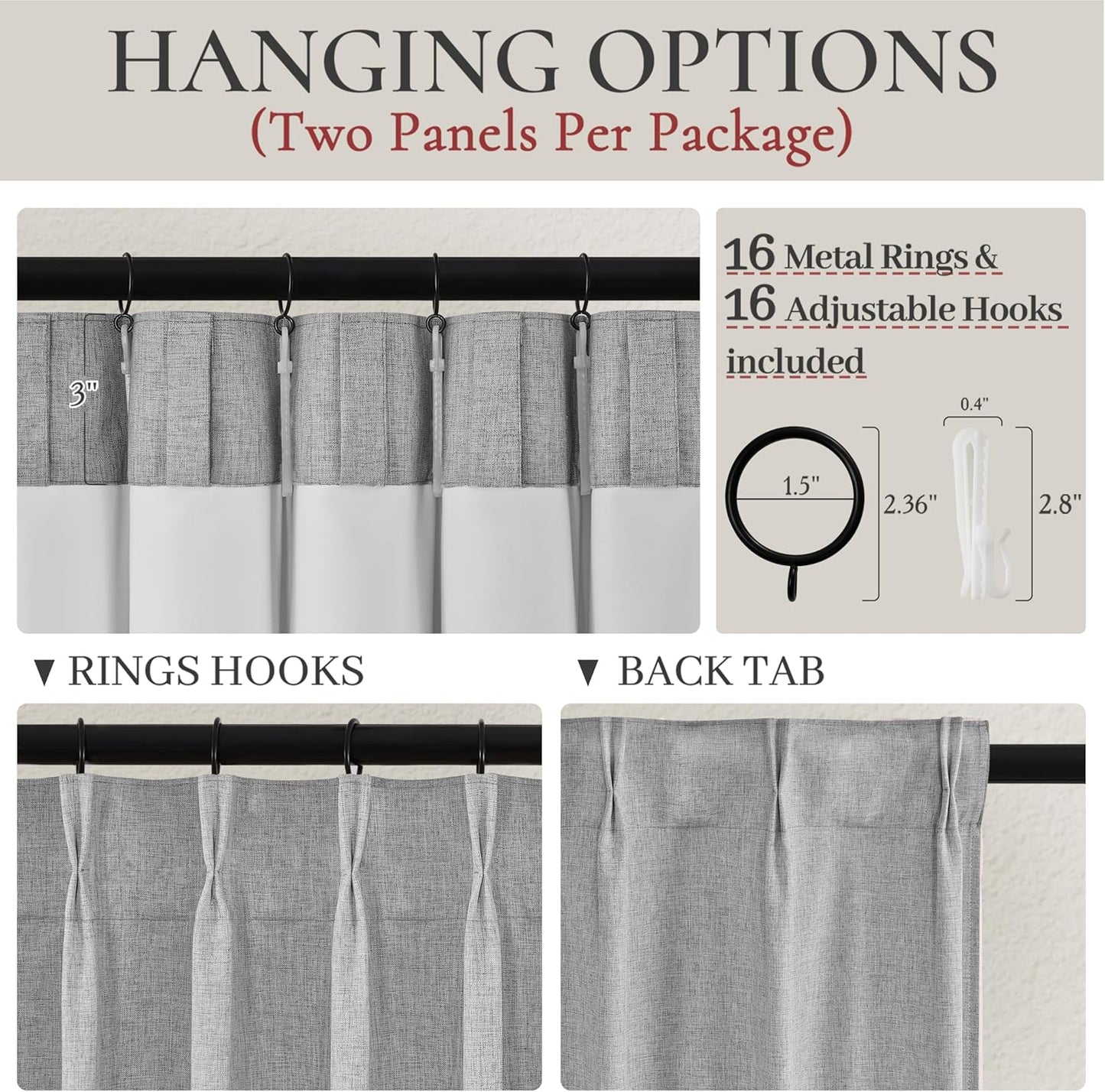 Pinch Pleated Light Grey Floor to Ceiling Curtains 102 Inch Long for Sliding Glass Door 2 Panels Set, Blackout Thick Linen Memory Shape Window Drapes with Back Tab for Dining Room 102 Inches Gray Burg