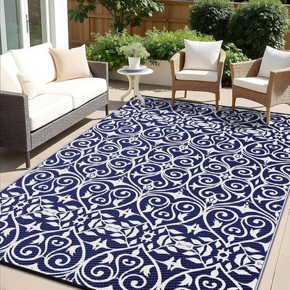 OLANLY Outdoor Rug Waterproof 9x12 ft Clearance, Reversible Outdoor Plastic Straw Rug with Floral Pattern, RV Mat for Patio, Camping, Balcony, Deck, Backyard, Navy & White