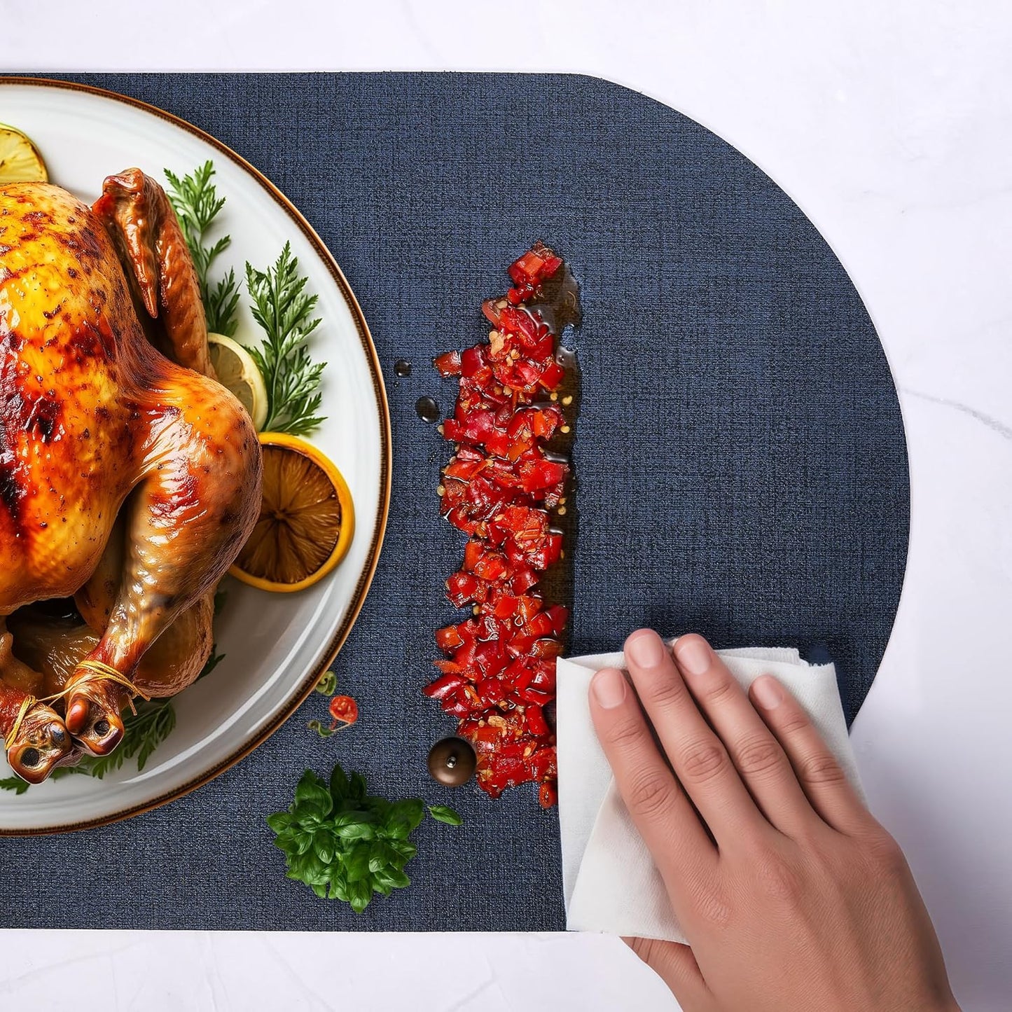 DOLOPL Placemats Set of 6, Oval Reversible Wipeable & Heat Resistant Place Mats, Modern Faux Leather Table Mats for Kitchen, Neutral Tablemats for Dining Table Decor, Wedding, Party(Navy Blue)